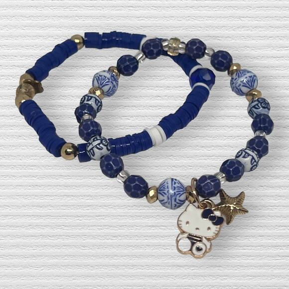 Mixed Media Hello Kitty Dainty Blue & White Heishi Beads Handmade Bracelet Set - Picture 1 of 6